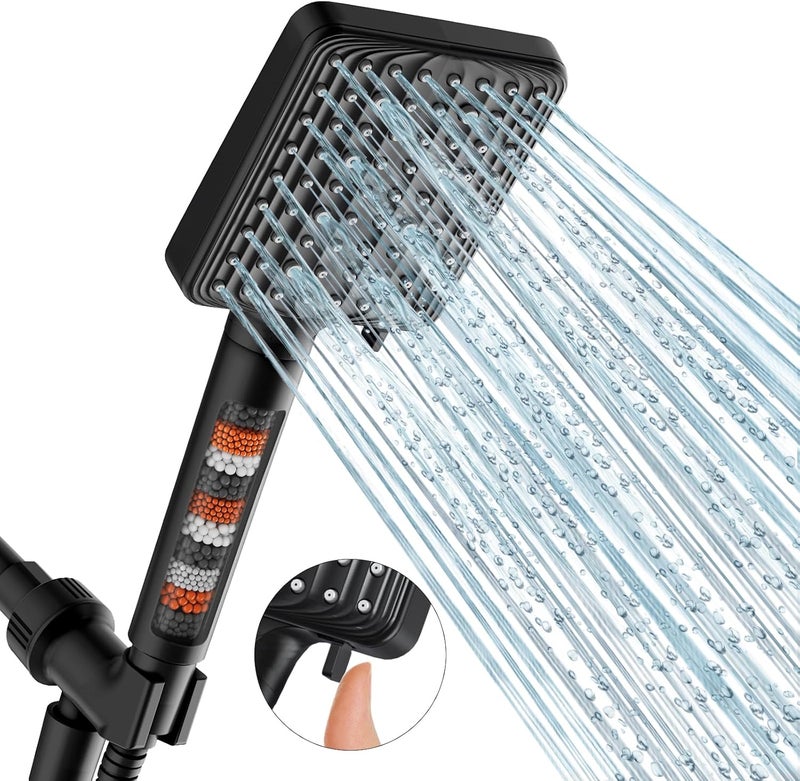MakeFit Filtered Shower Head Black - 6 Modes High Pressure Handheld Shower Head with Filter Mineral Beads, Detachable Handheld Showerhead Set with Stainless Steel Hose and Shower Arm Bracket - Image 1